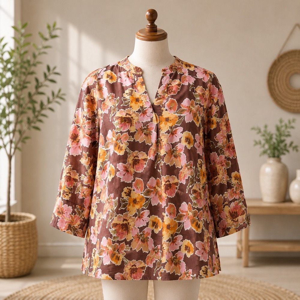 NEW Denim & Co. Button Front Top Women 2X Brown Floral Ikat Long Sleeve V-Neck